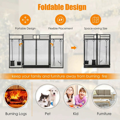Three Panel Folding Wrought Iron Fireplace Screen