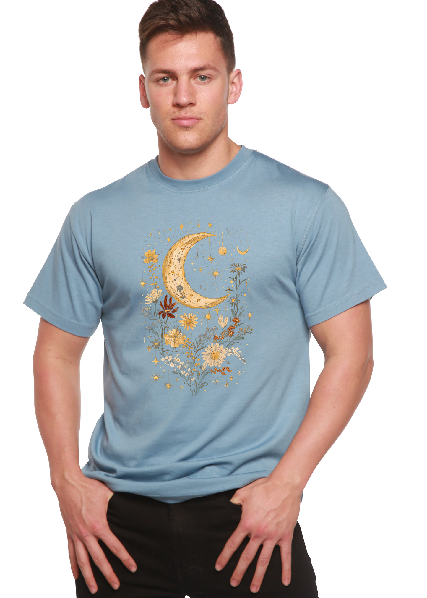 Mens printed tee with celestial moon and floral gold on blue bamboo/cotton by Spun Bamboo on Tampa Home & Garden Store