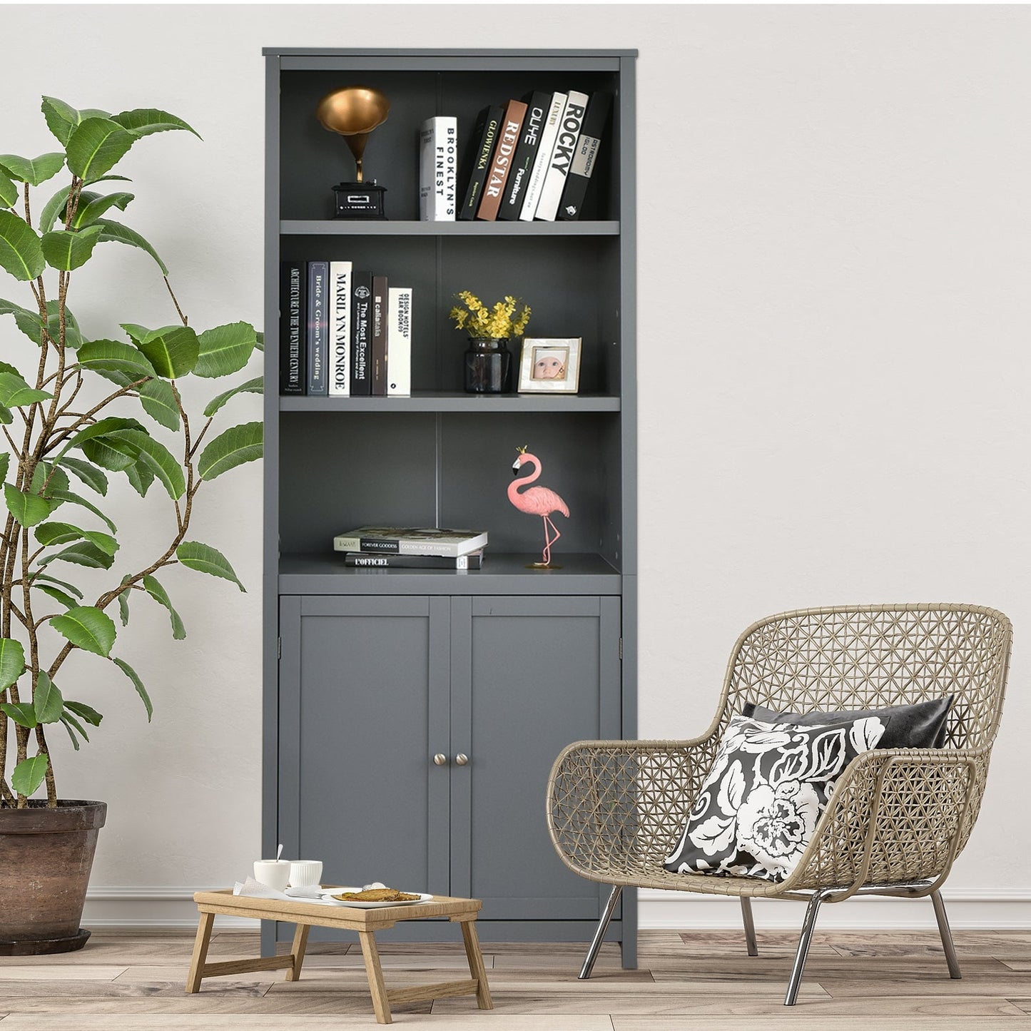 Estantería Librería Almacenamiento Mueble de Madera Unidad Exhibición con Puertas-Gris