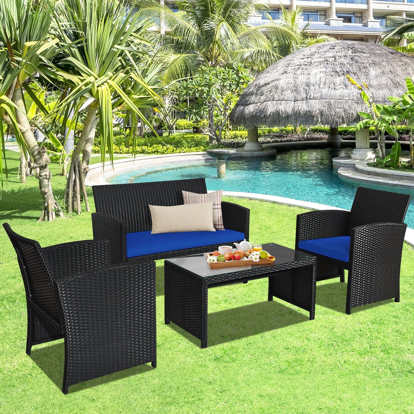 Juego de Muebles de Patio de Ratán de 4 Piezas con Cojines Resistentes al Clima y Mesa con Cubierta de Vidrio Templado-Azul Marino