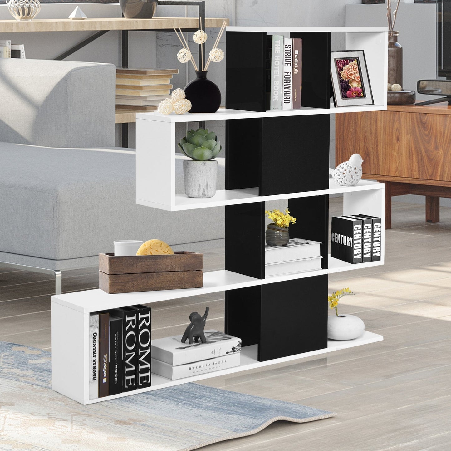 Estantería esquinera tipo escalera de 5 niveles con estante de almacenamiento - Blanco y negro