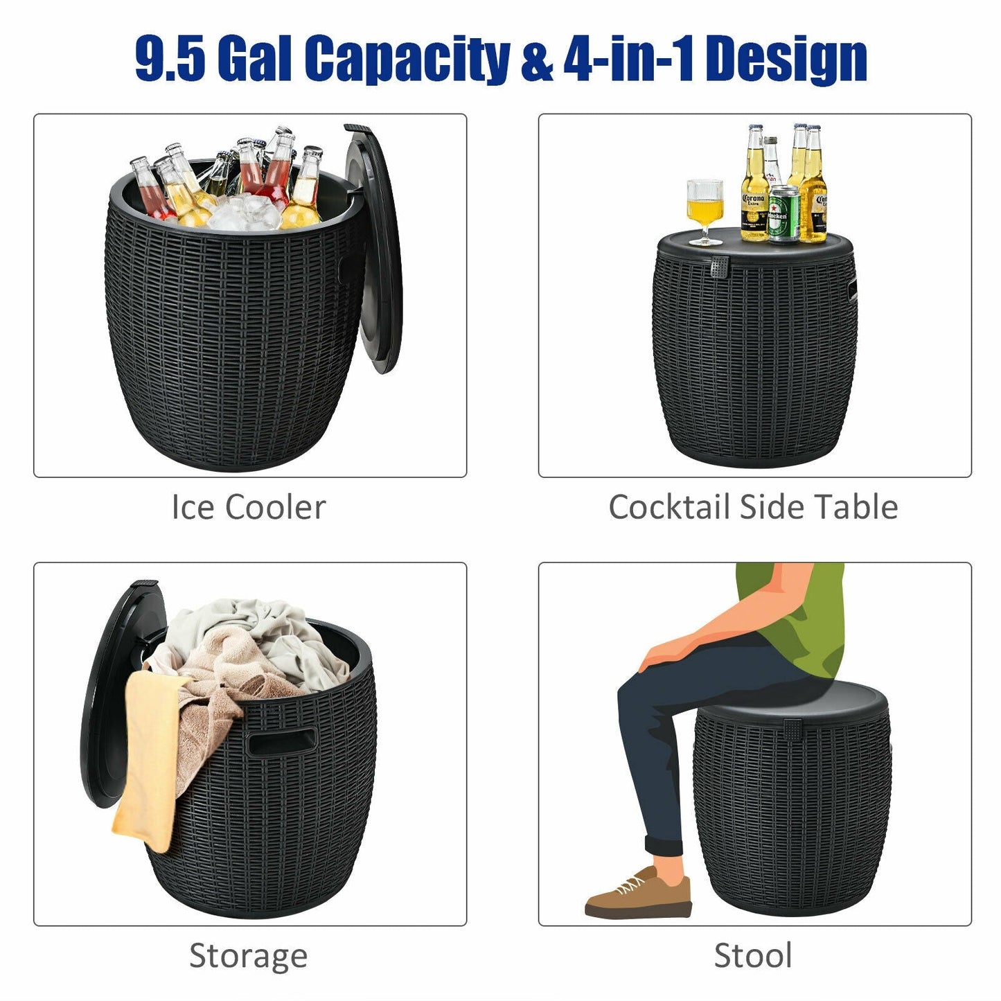 9.5 gal 4-in-1 patio rattan cool bar infographic: ice cooler, cocktail side table, storage, stool on Tampa Home & Garden Store