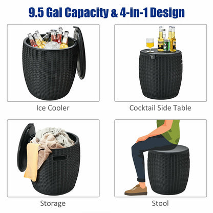 9.5 gal 4-in-1 patio rattan cool bar infographic: ice cooler, cocktail side table, storage, stool on Tampa Home & Garden Store