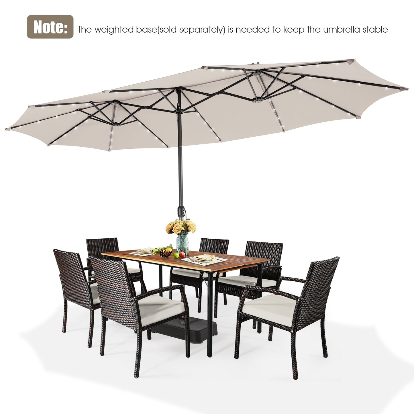 Sombrilla doble de 4,5 metros para patio con 48 luces LED solares - Beige