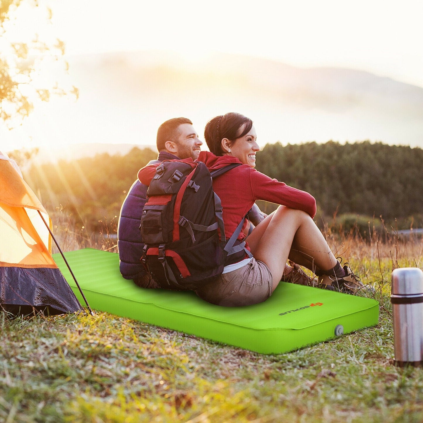 GemGear self-inflating folding camping sleeping mattress on bright green sleeping pad on Tampa Home & Garden Store