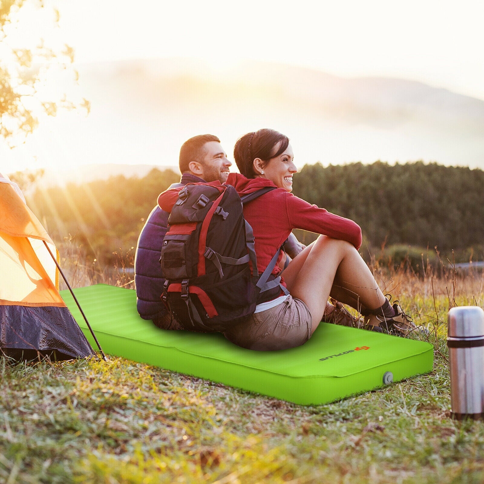 GemGear self-inflating folding camping sleeping mattress on bright green sleeping pad on Tampa Home & Garden Store
