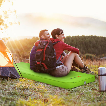 GemGear self-inflating folding camping sleeping mattress on bright green sleeping pad on Tampa Home & Garden Store