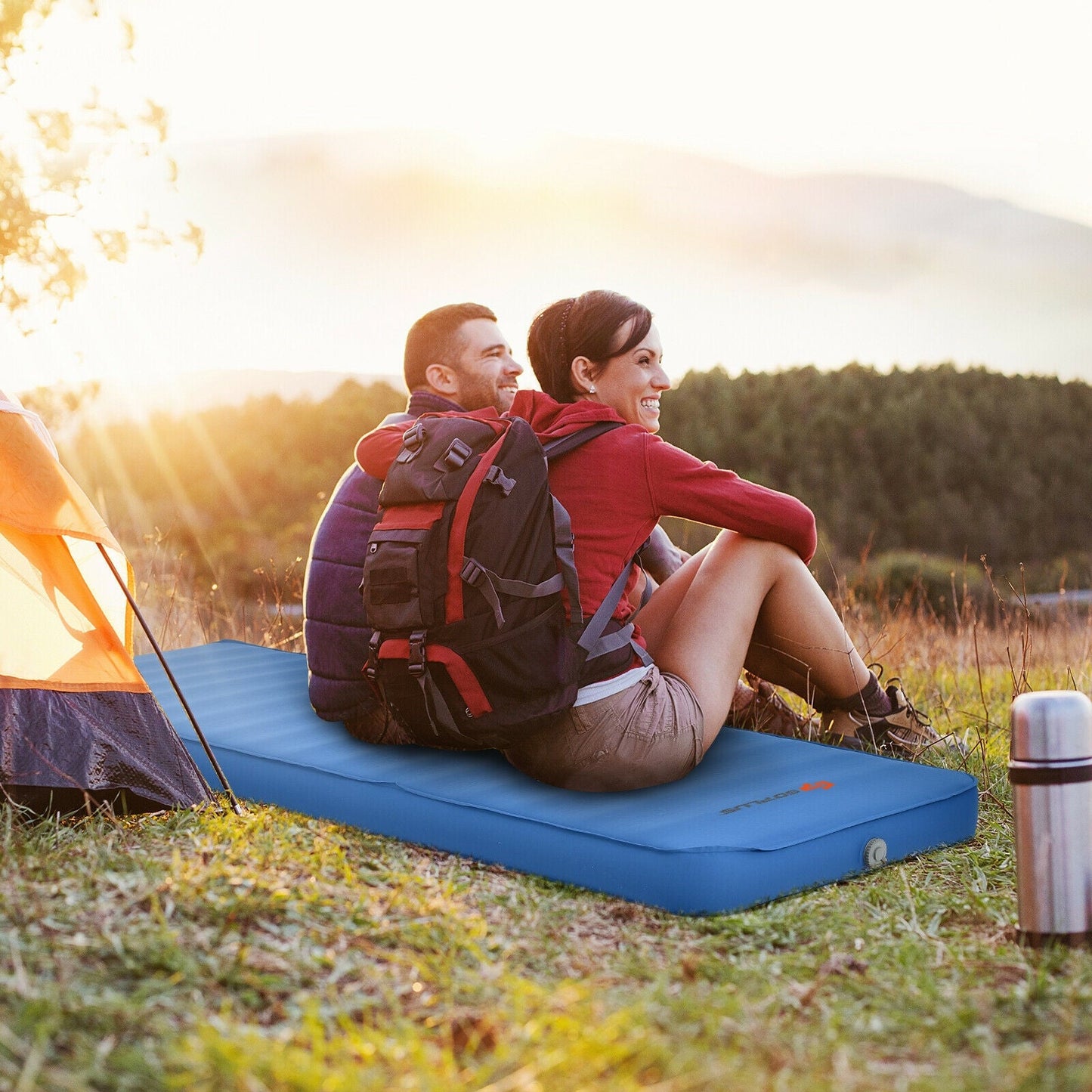 GemGear self inflating camping sleeping mattress on blue sleeping pad with carry bag on Tampa Home & Garden Store