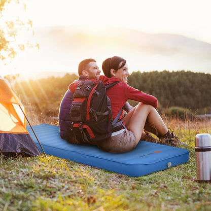 GemGear self inflating camping sleeping mattress on blue sleeping pad with carry bag on Tampa Home & Garden Store