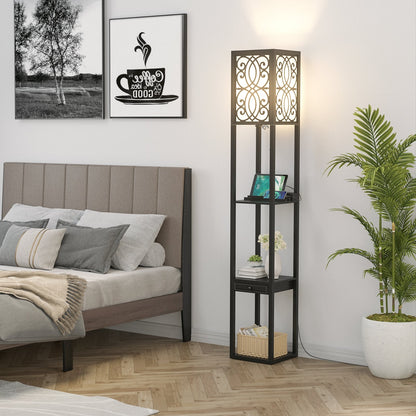 Modern standing shelf lamp with 1 power outlet and 2 USB ports, black metal frame with panels on Tampa Home & Garden Store