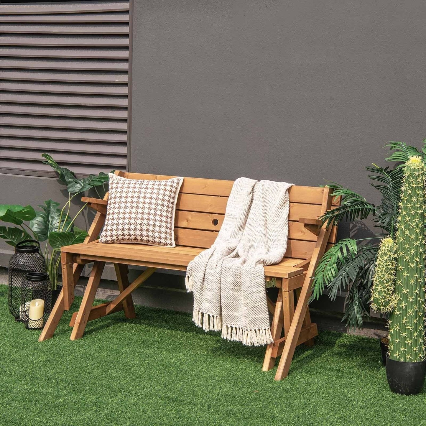 2-in-1 Transforming Interchangeable Wooden Picnic Table Bench with Umbrella Hole-Dark Brown