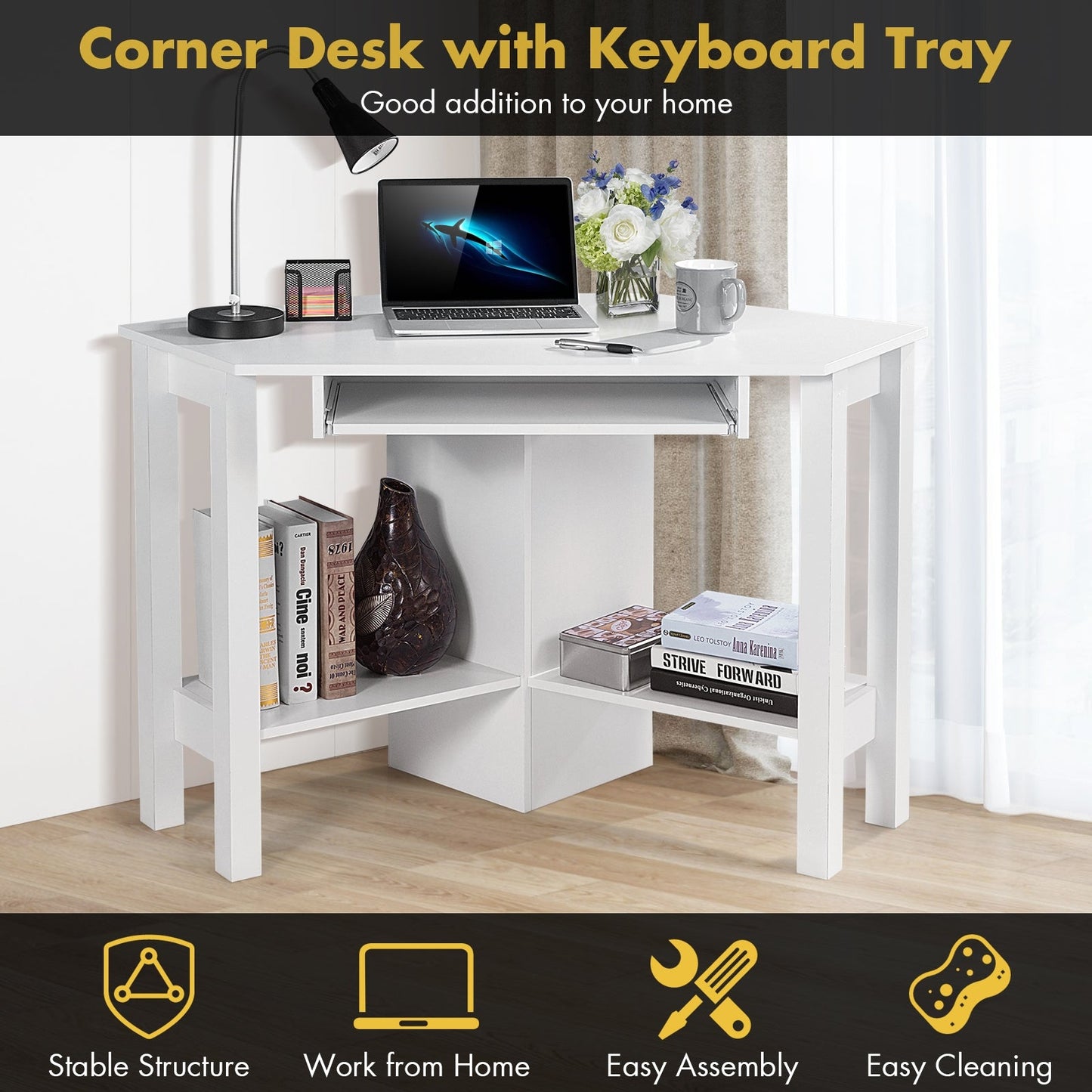 Escritorio esquinero de computadora de madera con cajón - Blanco