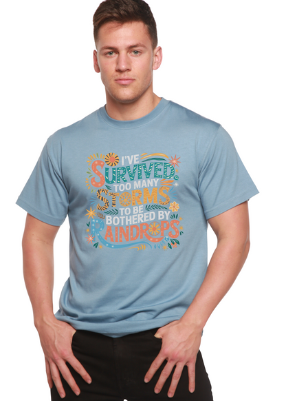 Unisex bamboo/cotton T-shirt in light blue with I've Survived Storms slogan Spun Bamboo on Tampa Home & Garden Store