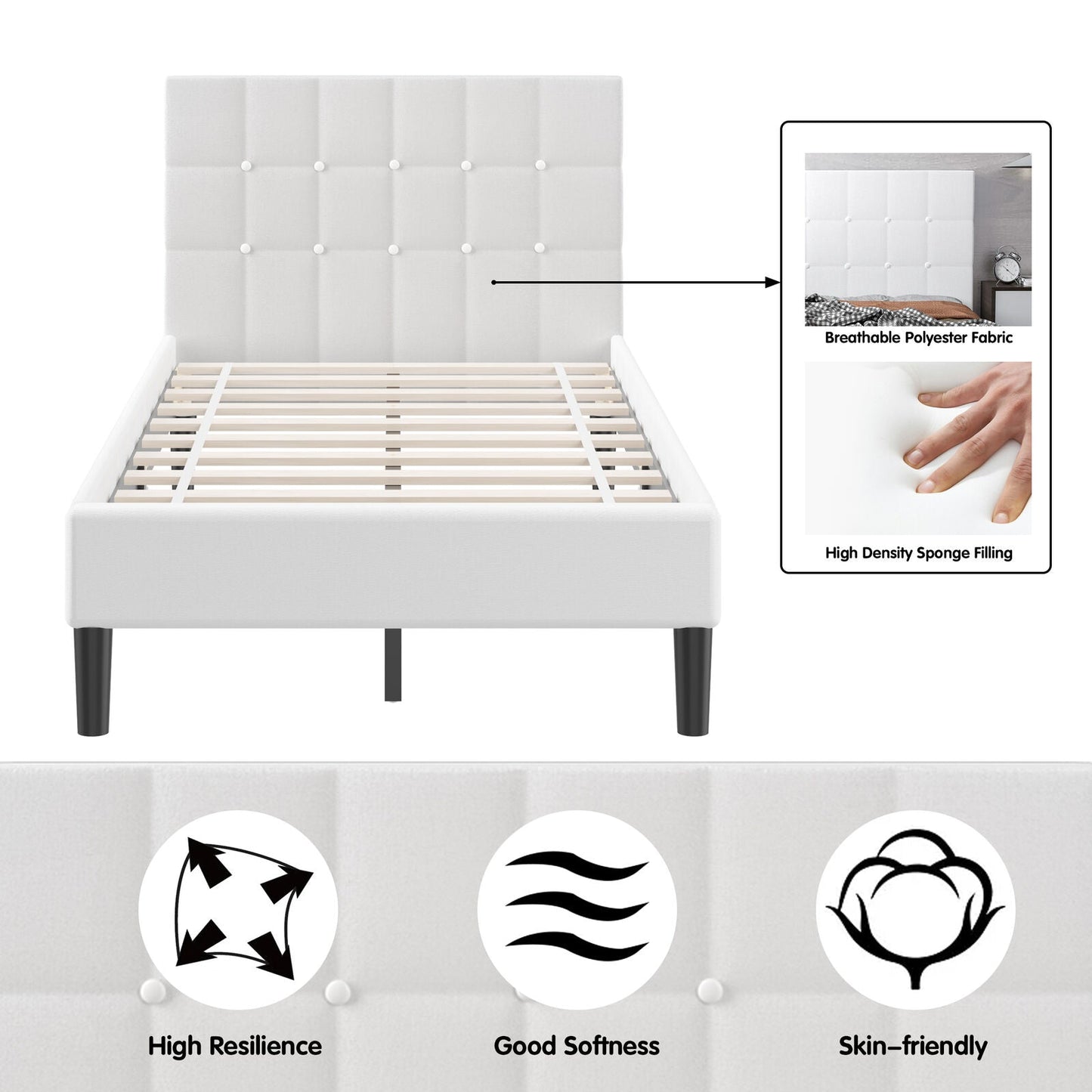 Cama de plataforma con cabecero tapizado con botones - Beige