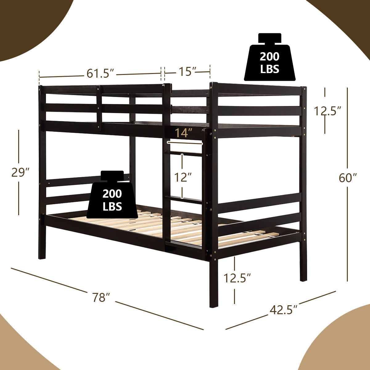 Literas dobles de madera para niños, literas de madera maciza - Marrón