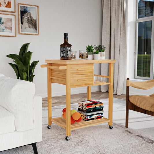 Bamboo Kitchen Trolley Cart with Tower Rack and Drawers - Tampa Home & Garden Store