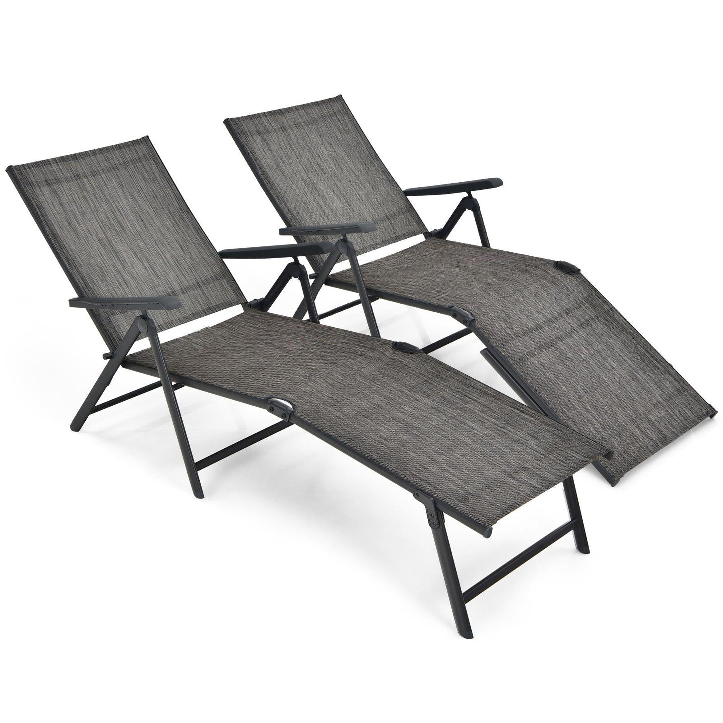 2 tumbonas plegables con reposapiés de 2 posiciones - Negro