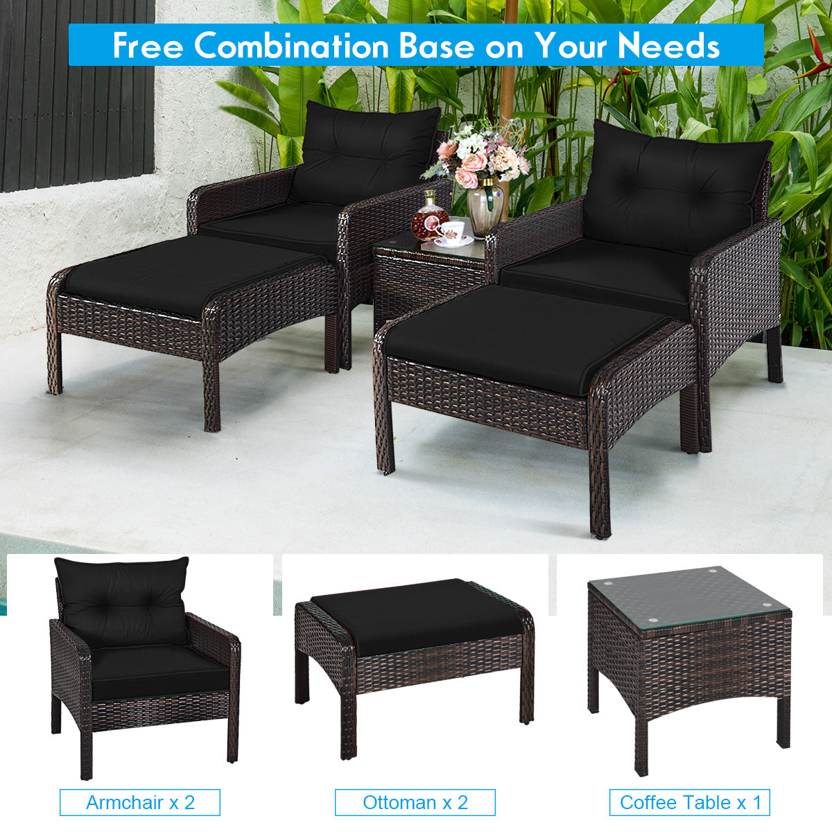 Juego de muebles de sofá de ratán para patio de 5 piezas