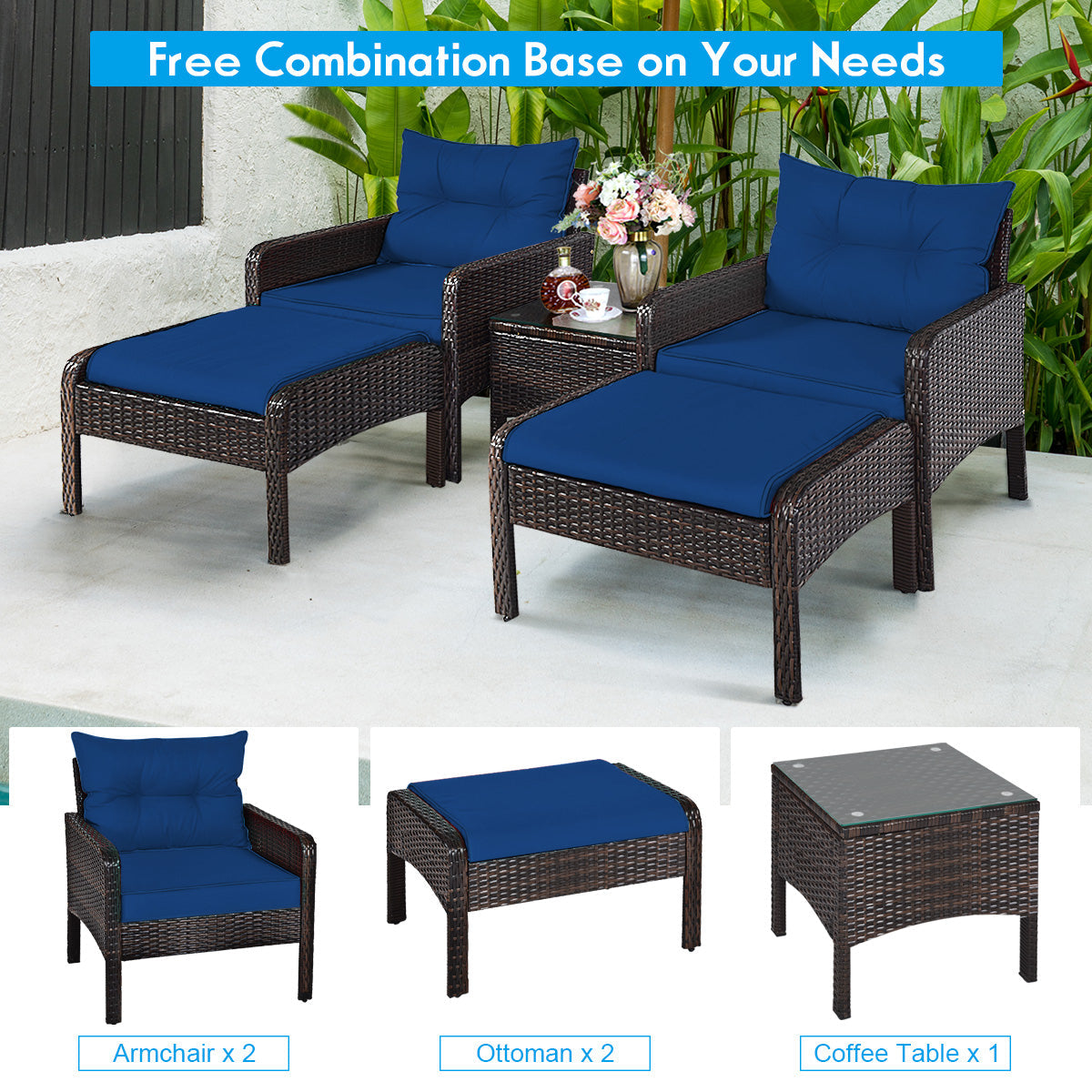 Juego de muebles de sofá de ratán para patio de 5 piezas