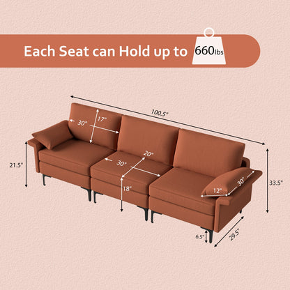 Sofá seccional grande de 3 plazas con patas de metal y 2 puertos USB para 3-4 personas - Rojo