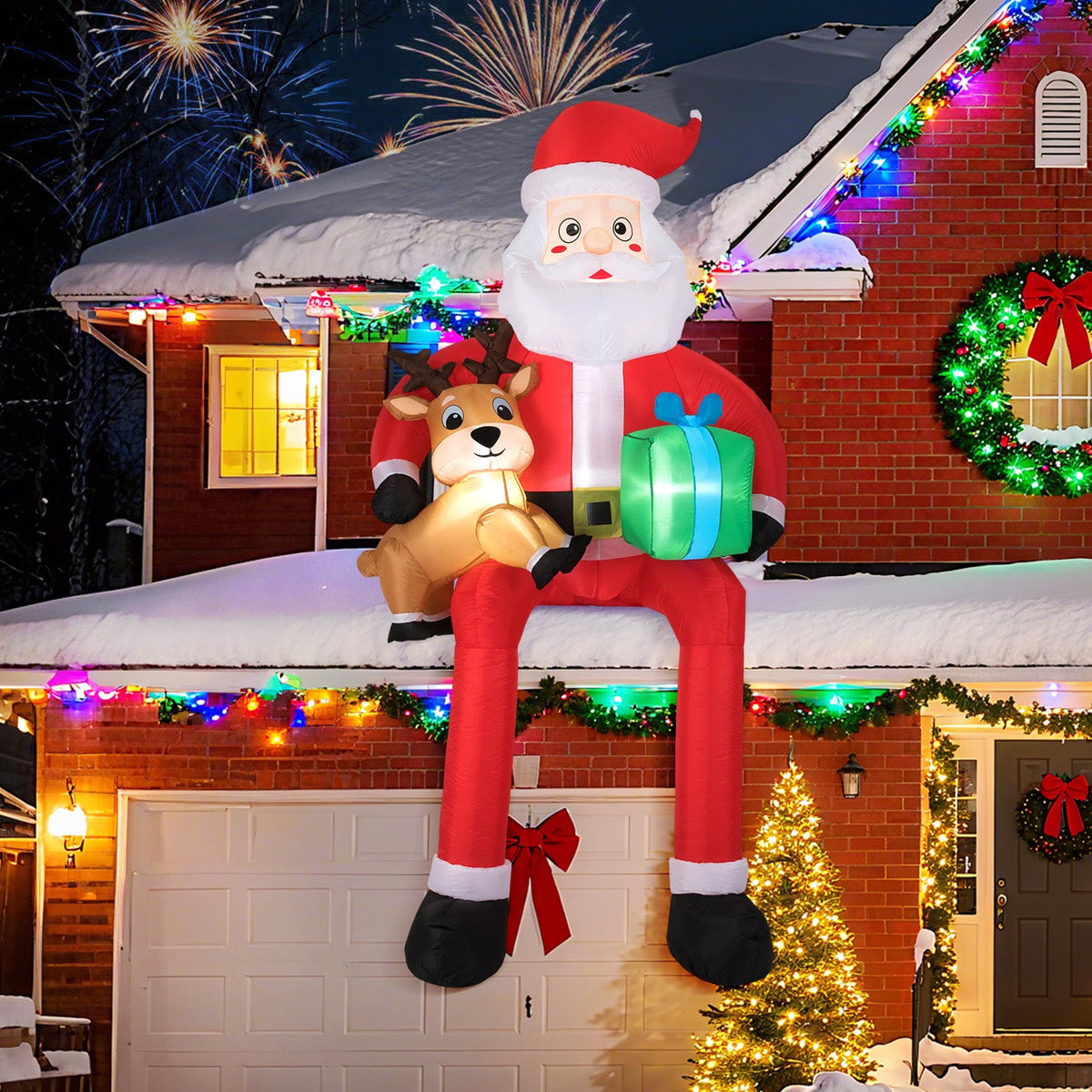 9.5 ft inflatable Santa outdoor decor with LED lights, holding reindeer and gift, DirectDeals on Tampa Home & Garden Store