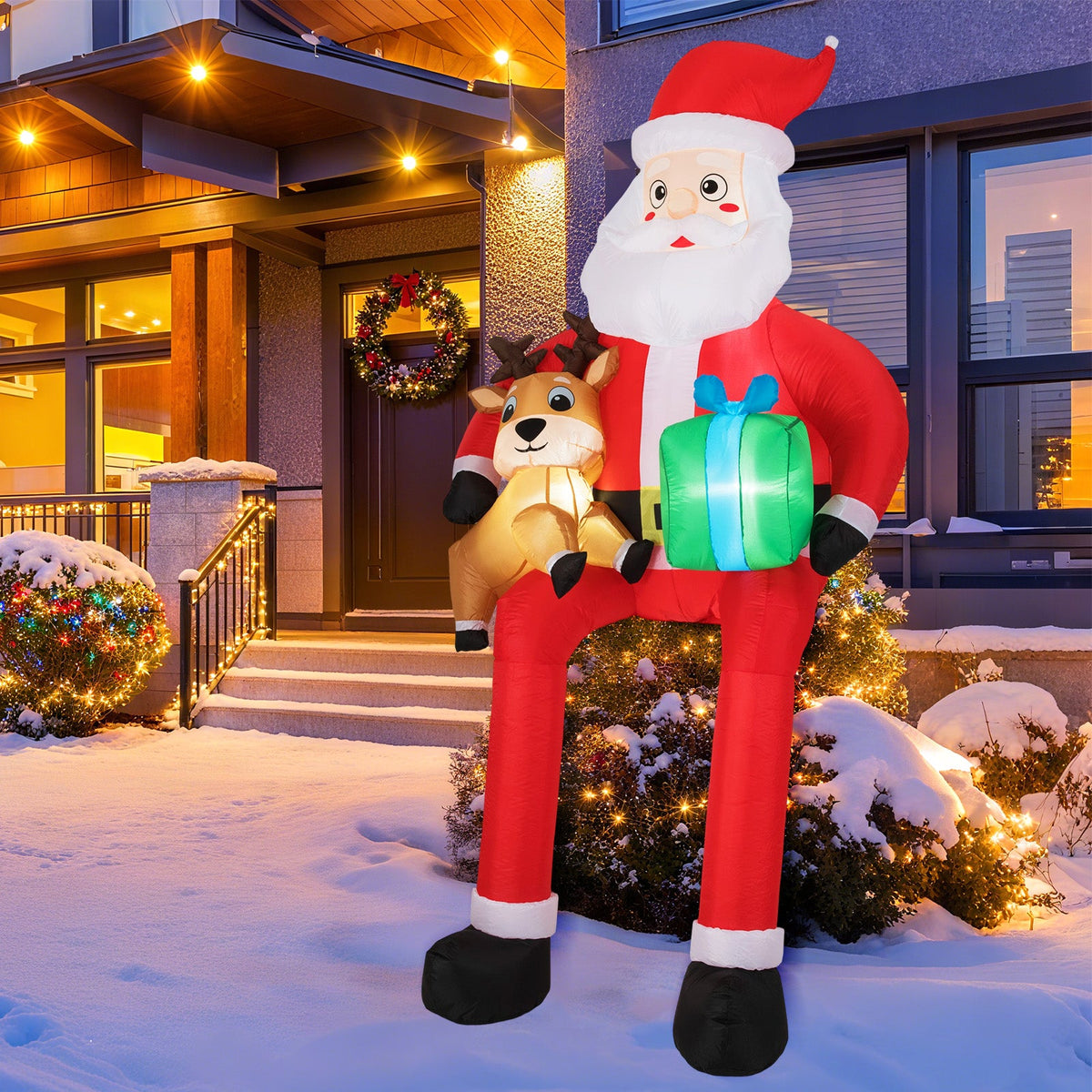 9.5 ft inflatable Santa with reindeer and green gift, built-in LED lights, DirectDeals outdoor decor on Tampa Home & Garden Store