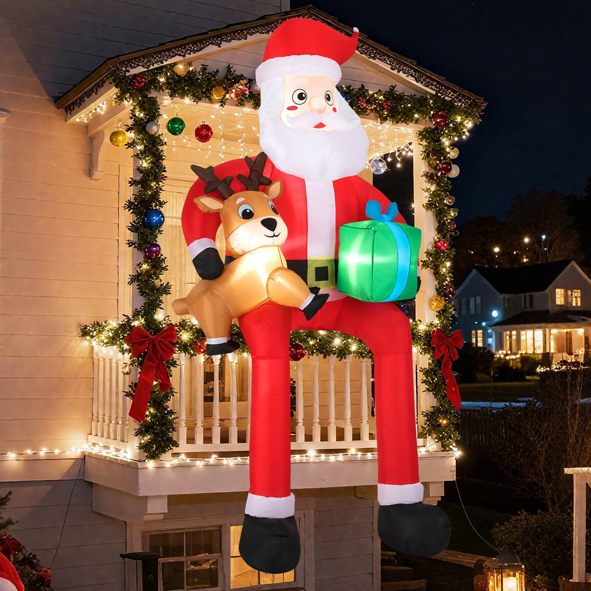 Inflatable Santa and reindeer outdoor decor with built-in LED lights and green gift box DirectDeals 9.5 ft on Tampa Home & Garden Store