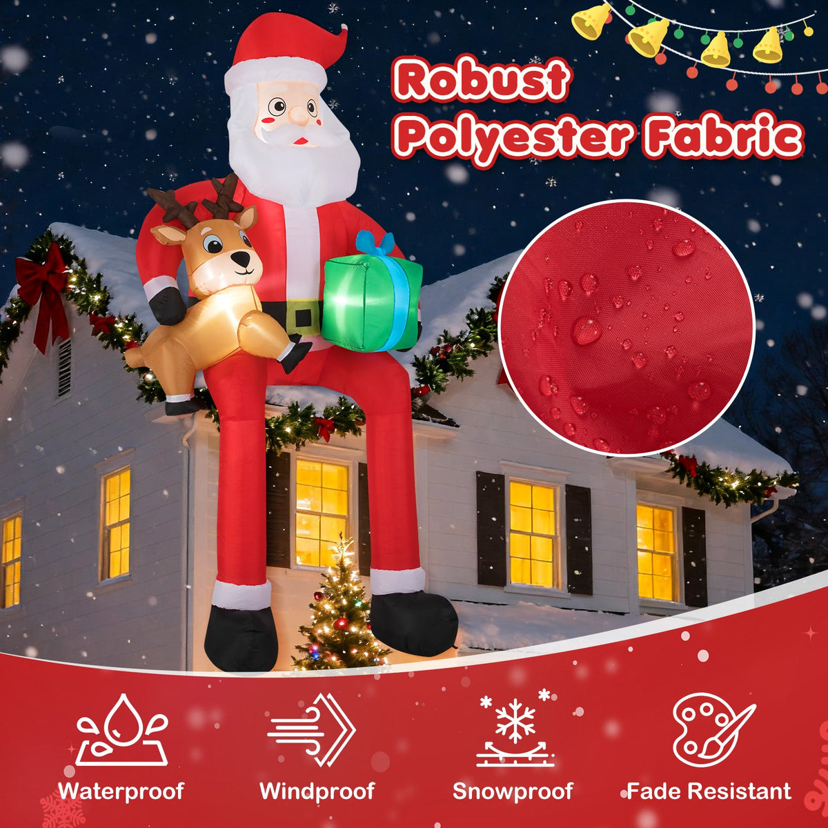 9.5 ft inflatable Santa with reindeer and gift, red suit, built-in LED lights on Tampa Home & Garden Store
