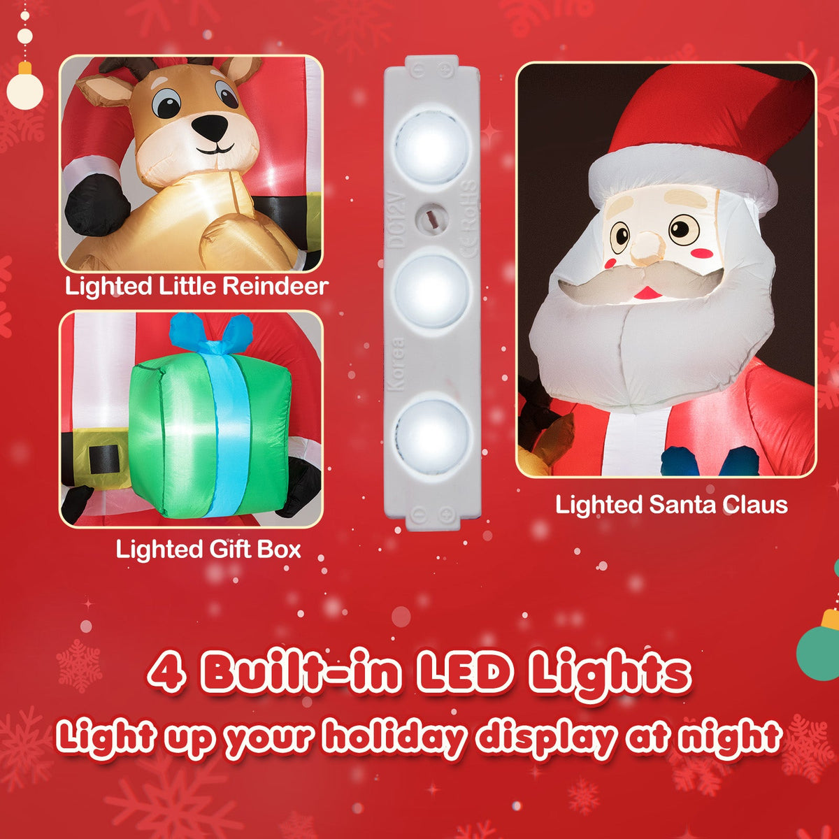 Inflatable Christmas decorations set with built-in LED lights: lighted reindeer, gift box, Santa on Tampa Home & Garden Store