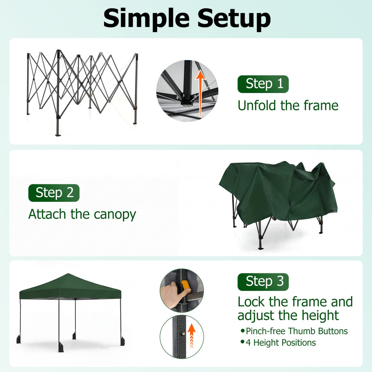 GemGear 9.5 x 9.5 ft pop-up canopy tent with green canopy, adjustable heights, step-by-step setup on Tampa Home & Garden Store