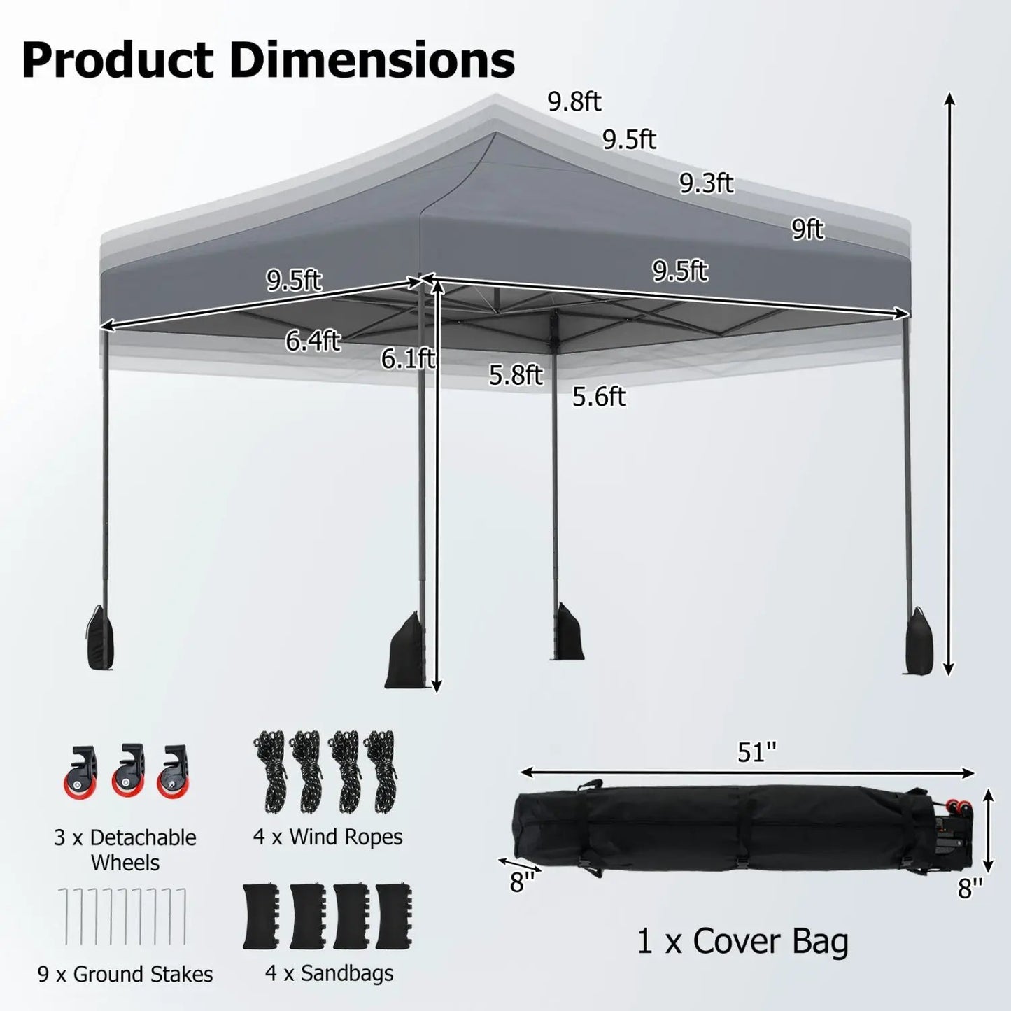 9.5 Ft Pop Up Canopy Tent with Adjustable Heights