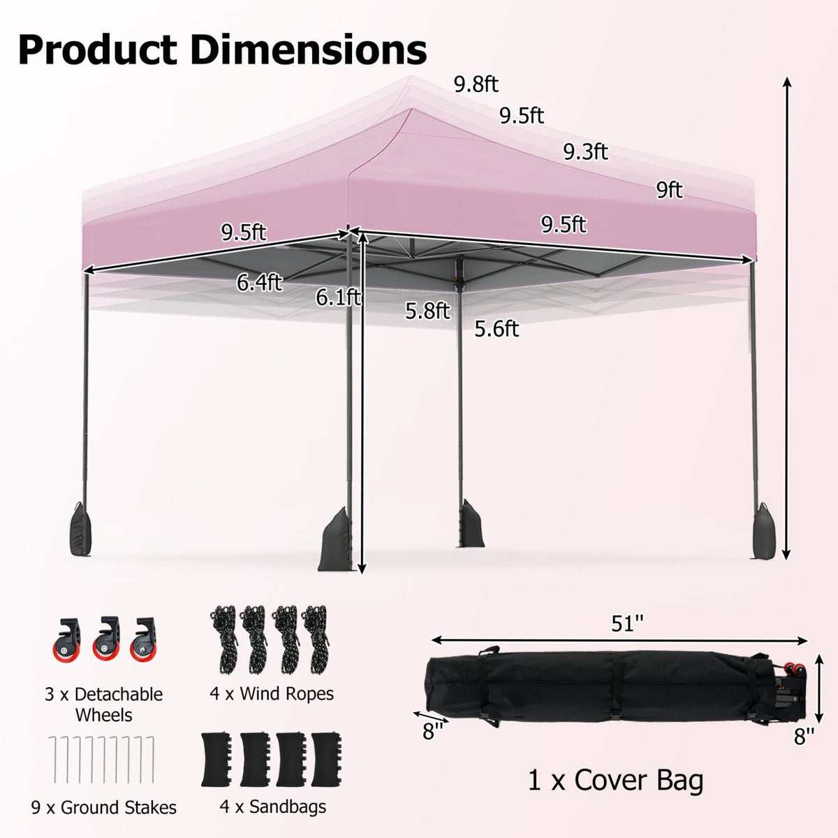 Pop-up canopy tent GemGear 9.5 x 9.5 ft pink canopy with adjustable height on Tampa Home & Garden Store