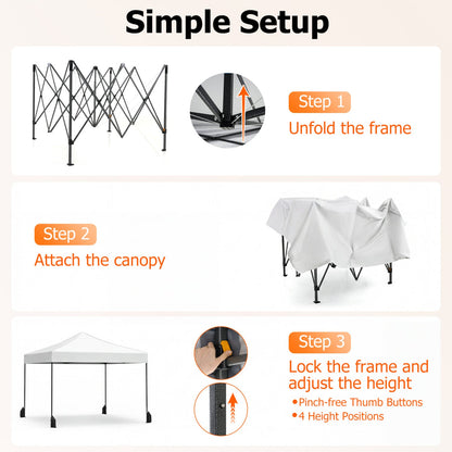 GemGear 9.5x9.5 ft pop up canopy frame unfolded with step-by-step assembly and white canopy on Tampa Home & Garden Store