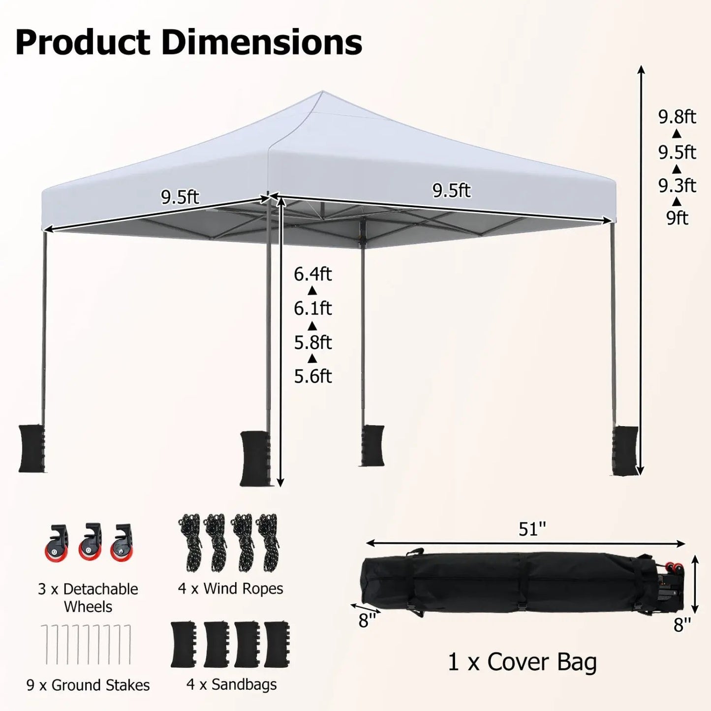 9.5 Ft Pop Up Canopy Tent with Adjustable Heights