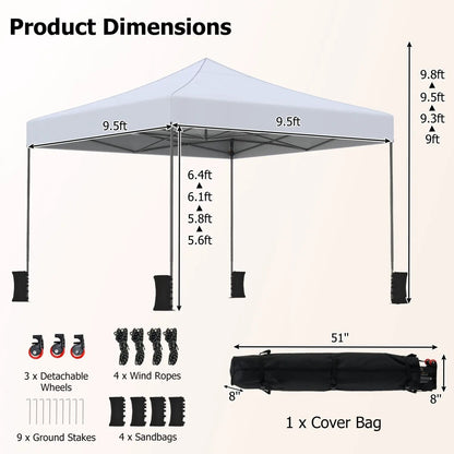9.5 Ft Pop Up Canopy Tent with Adjustable Heights