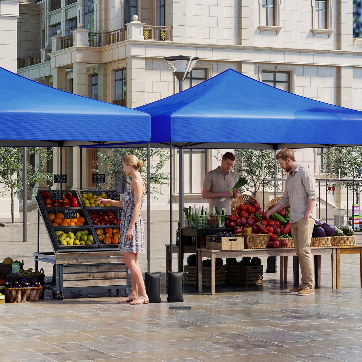 GemGear 9.5x9.5 ft blue pop-up canopy tents (pair) set up for outdoor market, adjustable heights on Tampa Home & Garden Store