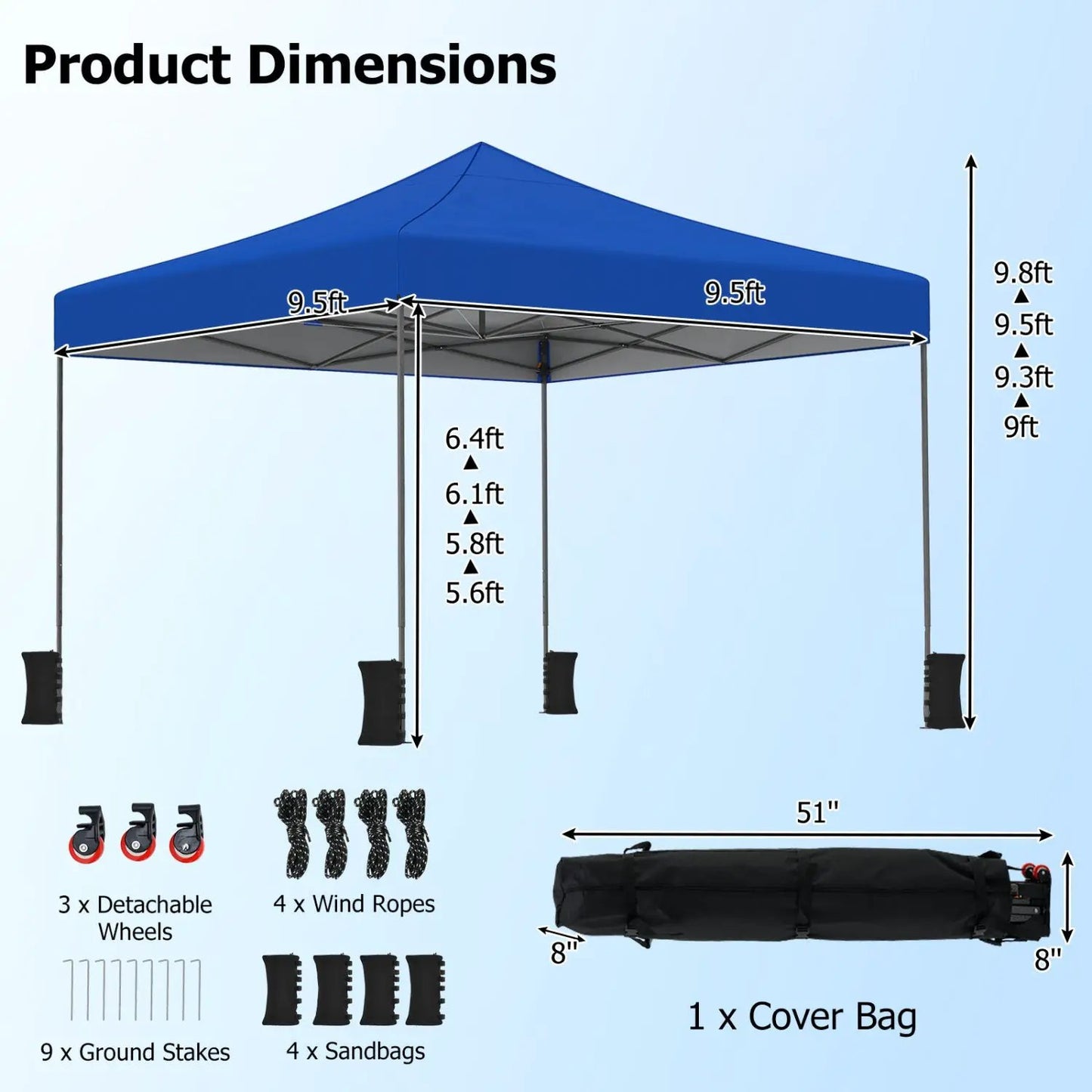 9.5 Ft Pop Up Canopy Tent with Adjustable Heights