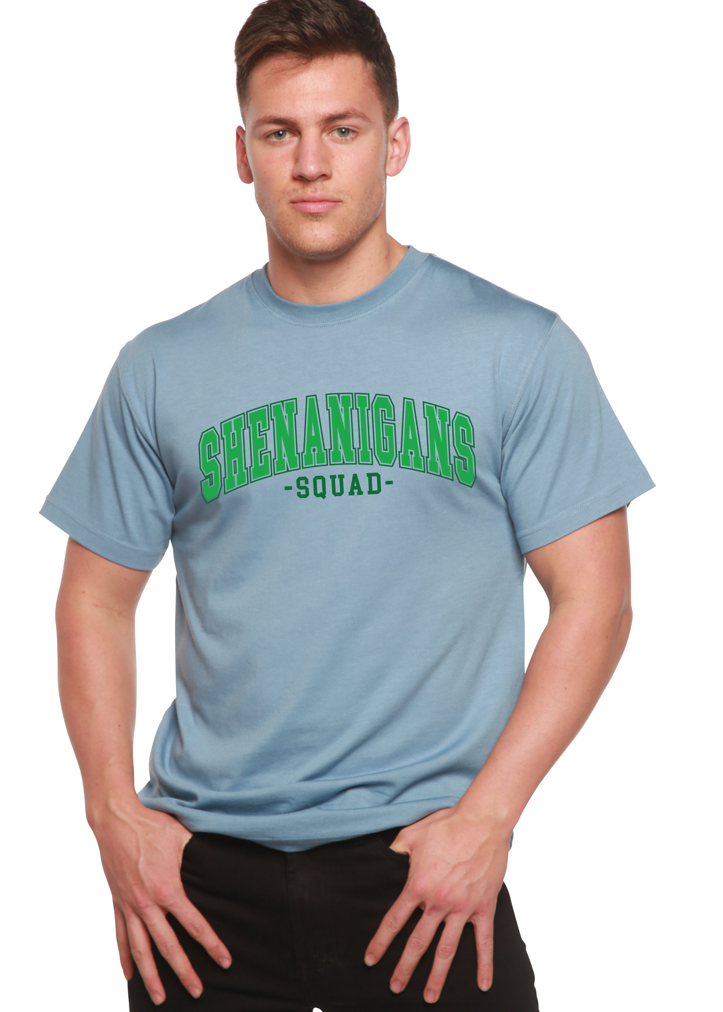 Shenanigans Squad unisex bamboo/cotton graphic T-shirt in light blue with green arch lettering on Tampa Home & Garden Store