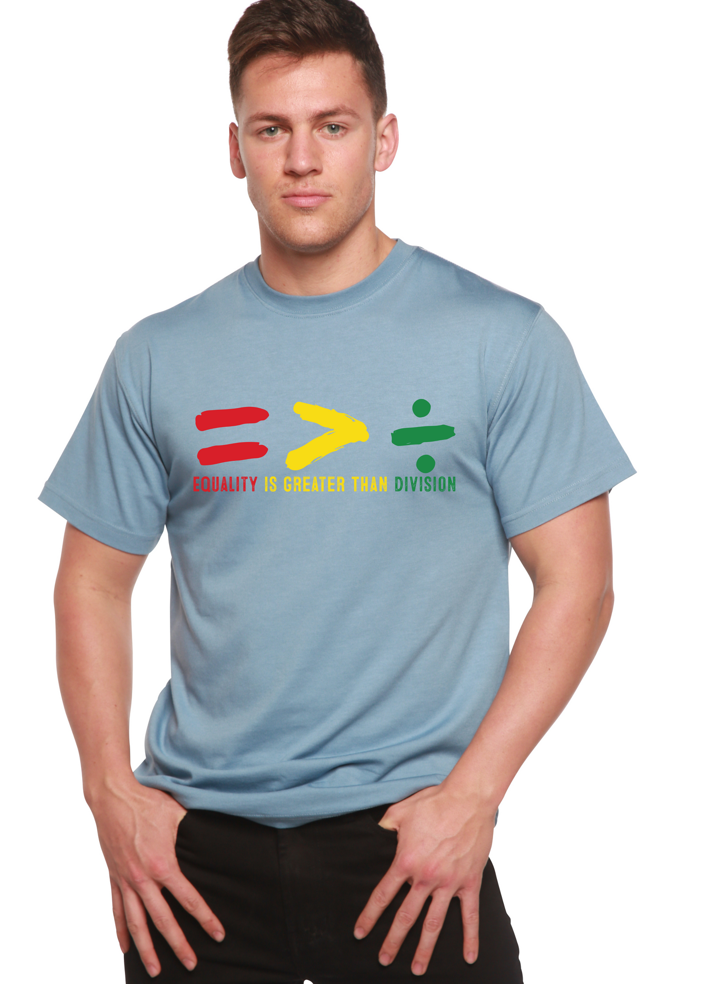 Black History Month bamboo/cotton graphic tee by Spun Bamboo in blue with colorful equality on Tampa Home & Garden Store