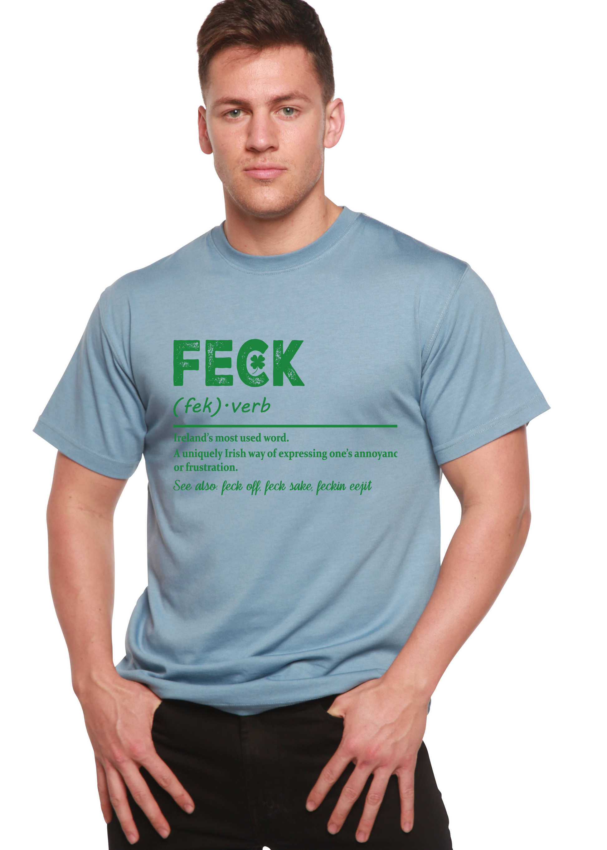 Feck Irish St Patricks Day bamboo/cotton T-shirt blue with green FECK text Spun Bamboo on Tampa Home & Garden Store