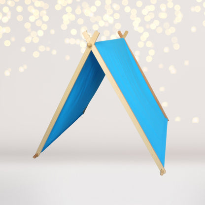 Kids A-Frame Sleepover Tent with Lights, blue fabric on wooden frame for indoor glamping on Tampa Home & Garden Store