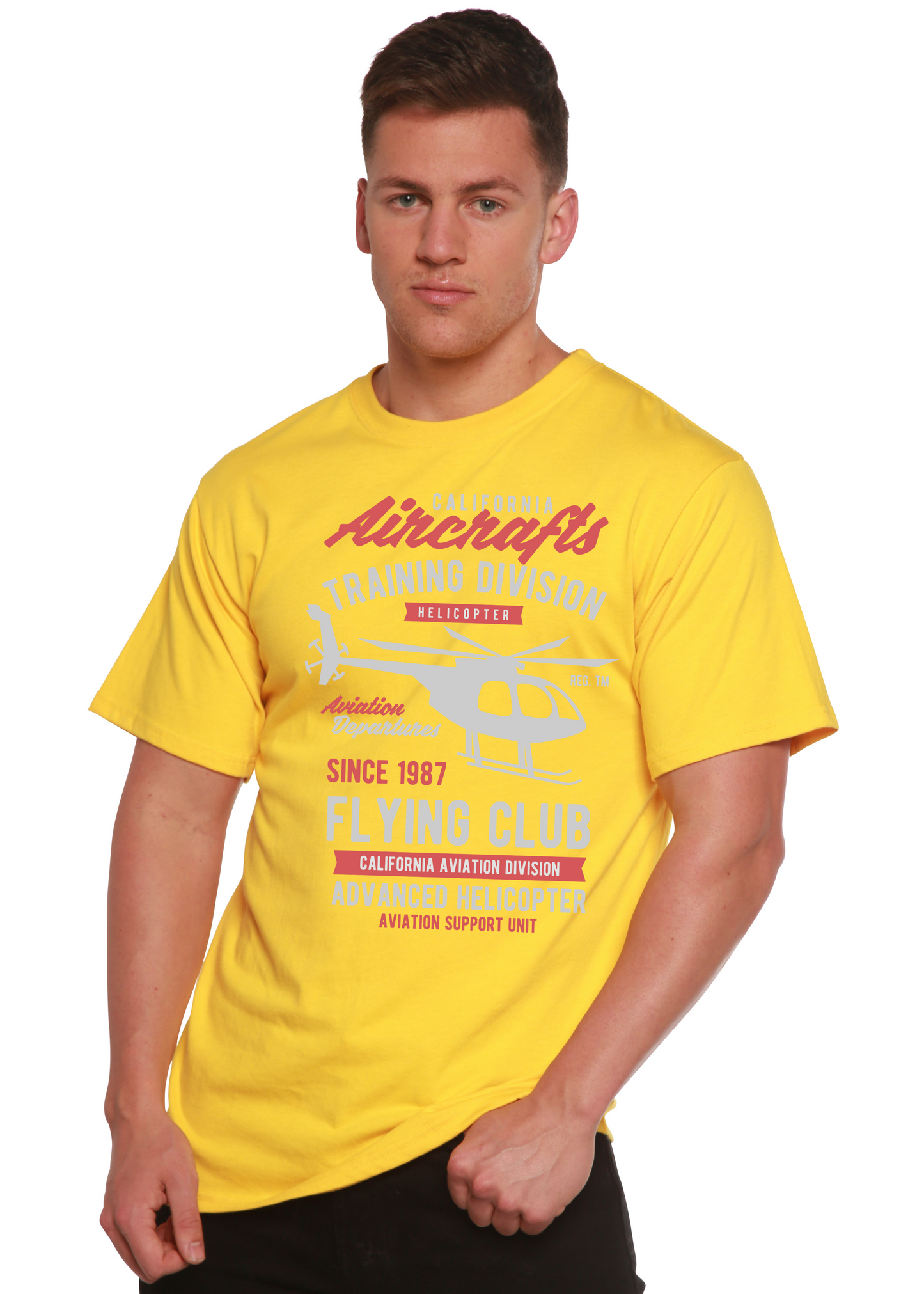 Men's yellow California Aircraft graphic tee, bamboo viscose/organic cotton, short sleeve on Tampa Home & Garden Store