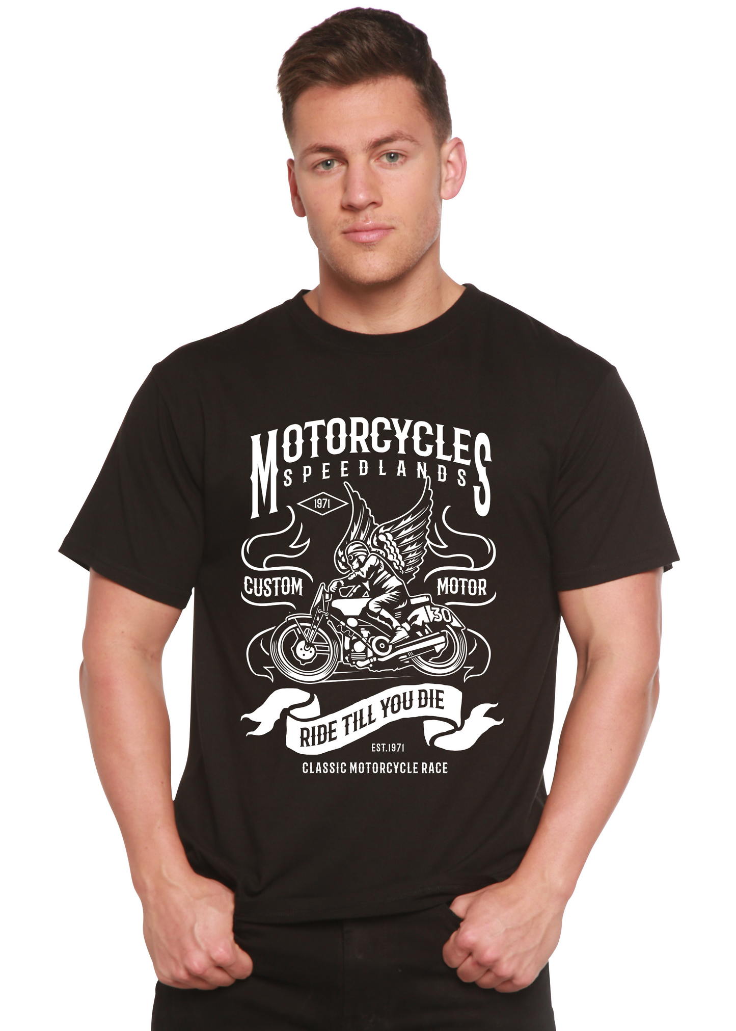 Motorcycles bamboo viscose/organic cotton tee black with white motorcycle art by Spun Bamboo on Tampa Home & Garden Store
