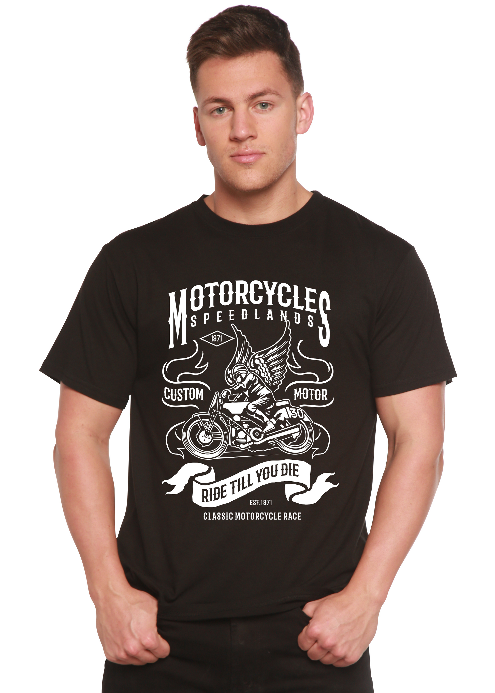 Motorcycles bamboo viscose/organic cotton tee black with white motorcycle art by Spun Bamboo on Tampa Home & Garden Store