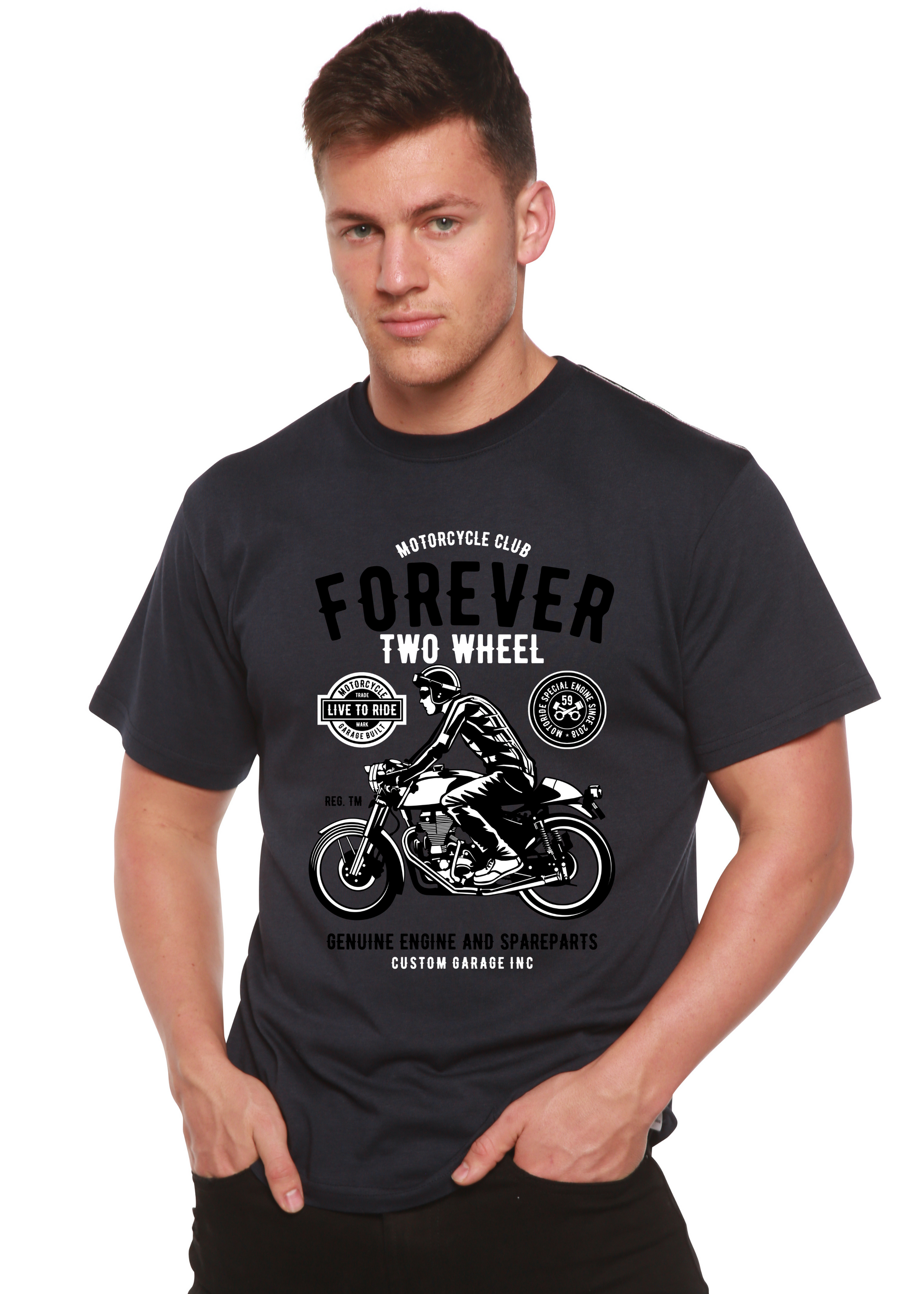 Mens Forever Two Wheel graphic T-shirt in navy with motorcycle print by Spun Bamboo bamboo viscose/organic cotton on Tampa Home & Garden Store