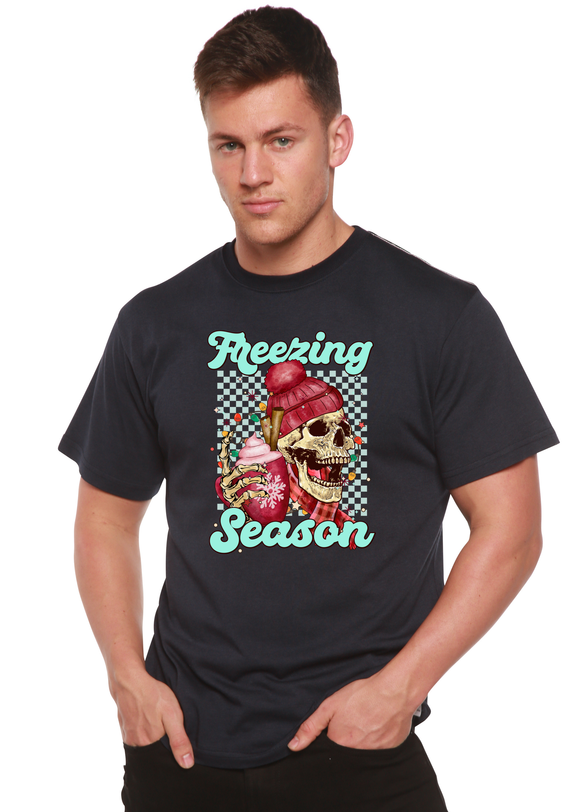 Freezing Season unisex bamboo viscose/organic cotton short sleeve graphic T-shirt black skull ice-cream design on Tampa Home & Garden Store