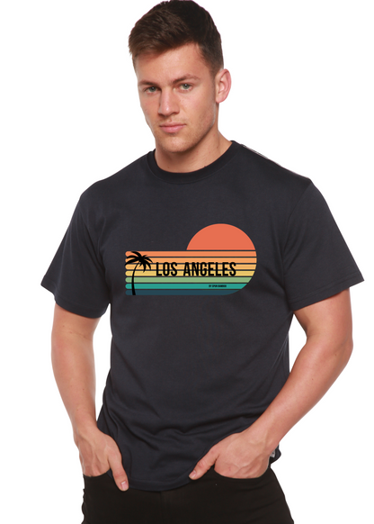 Los Angeles unisex graphic tee by Spun Bamboo, short sleeve with sunset palm on dark navy fabric on Tampa Home & Garden Store