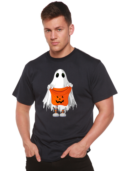 Men's Boo Halloween tee with ghost holding orange pumpkin cape in black by Spun Bamboo on Tampa Home & Garden Store