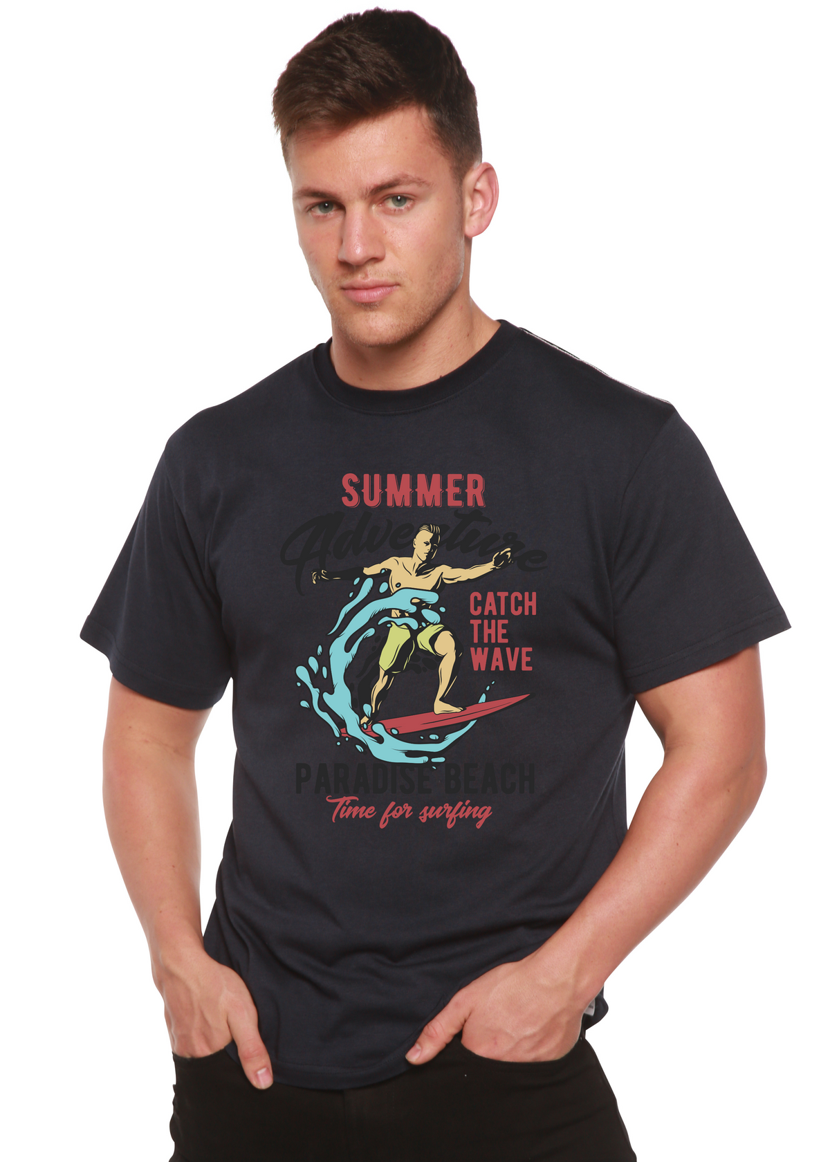 Catch The Wave Men's graphic short sleeve tee in navy with surfing wave artwork on Tampa Home & Garden Store