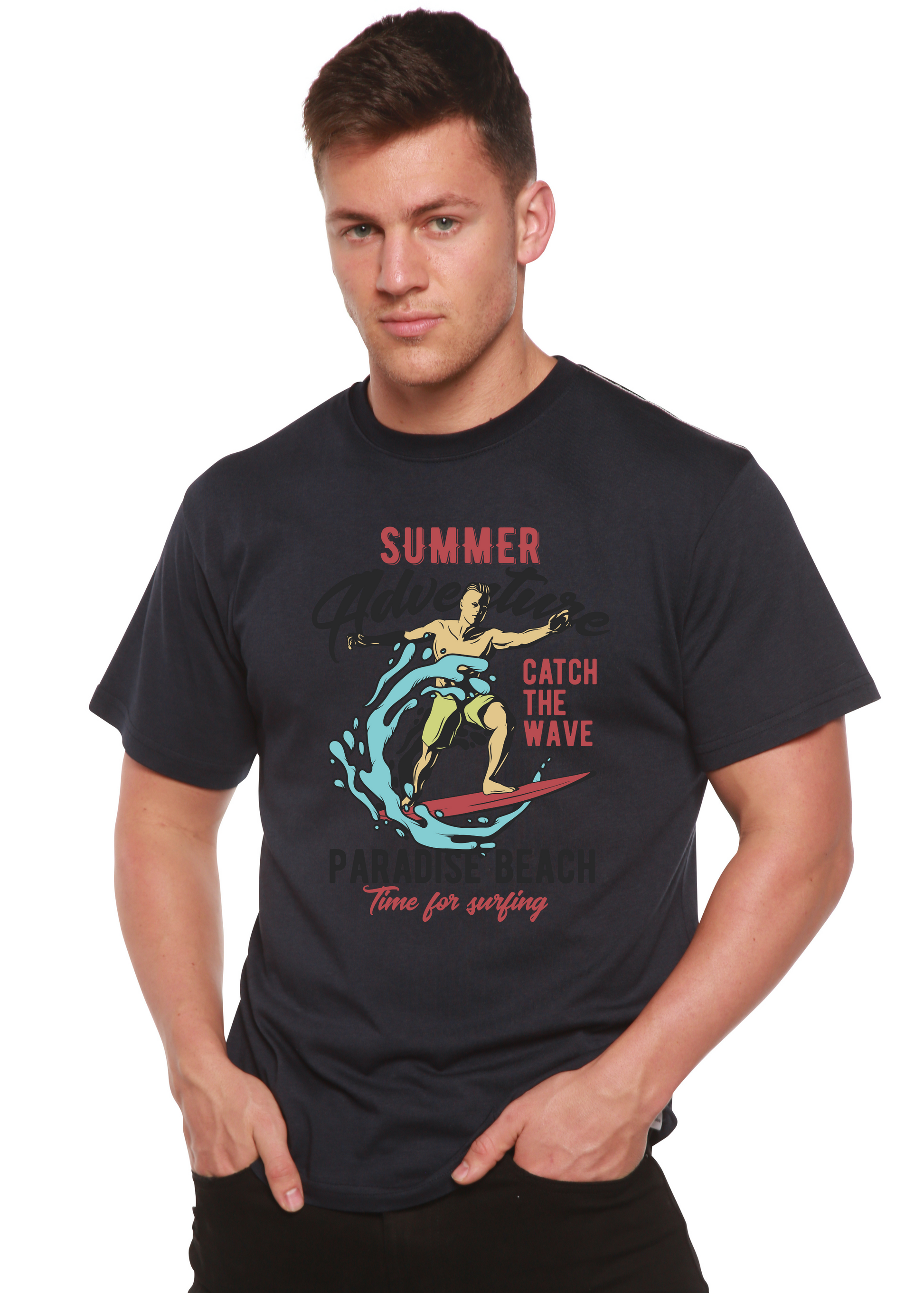 Catch The Wave Men's graphic short sleeve tee in navy with surfing wave artwork on Tampa Home & Garden Store